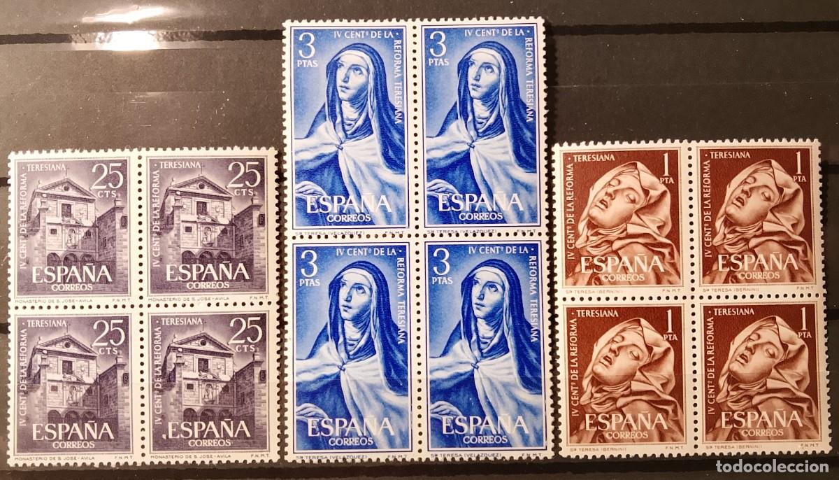 Timbres: Sellos en bloque de 4. Edifil 1428/1430. IV Centenario de la Reforma Teresiana. 1962.