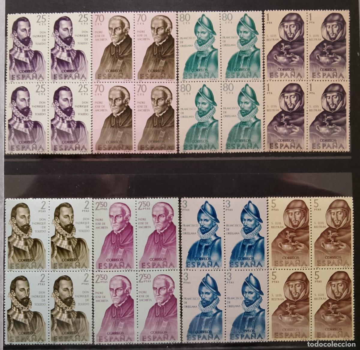 Sellos: Sellos en bloque de 4. Edifil 1678/1685. Forjadores de Am&eacute;rica (VI Serie). 1965.