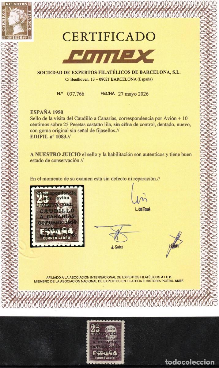 Sellos: VISITA DEL CAUDILLO A CANARIAS ** 1083 A&Ntilde;O 1950 - CERTIFICADO COMEX - LUJO - MNH