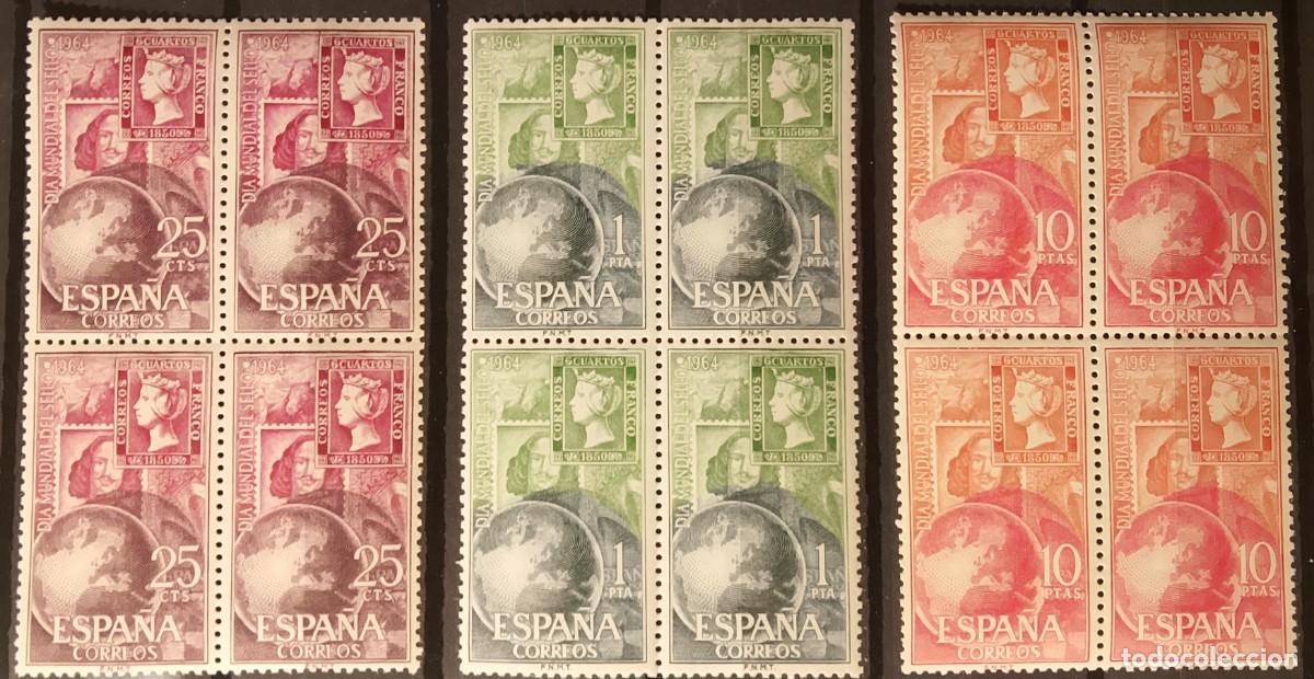 Sellos: Sellos en bloque de 4. Edifil 1595/1597. D&iacute;a Mundial del Sello. 1964.