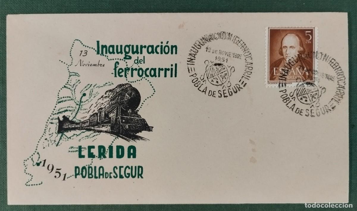 Sellos: TRENES INAUGURACION FERROCARRIL LERIDA-SAINT GIRONS, POBLA DE SEGUR 1951.