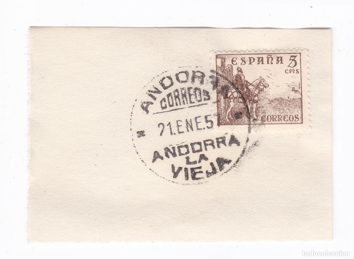 Sellos: Andorra la vieja. Matasellos Fechador a&ntilde;o 1957 sobre sello Cid Campeador 5 Pesetas.