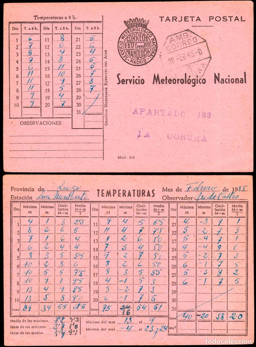 Sellos: Lugo - o TP - Postal &rdquo;Servicio Meteorol&oacute;gico&rdquo; fechada en Lugo Mat &rdquo;AMB. Correo 28/2/55 - 6 ...&rdquo;