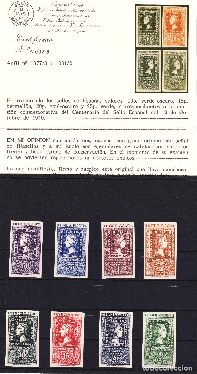 Sellos: ESPA&Ntilde;A CENTENARIO DEL SELLO ** 1075/1082 A&Ntilde;O 1950 CERTIFICADO GRAUS - LUJO - MNH