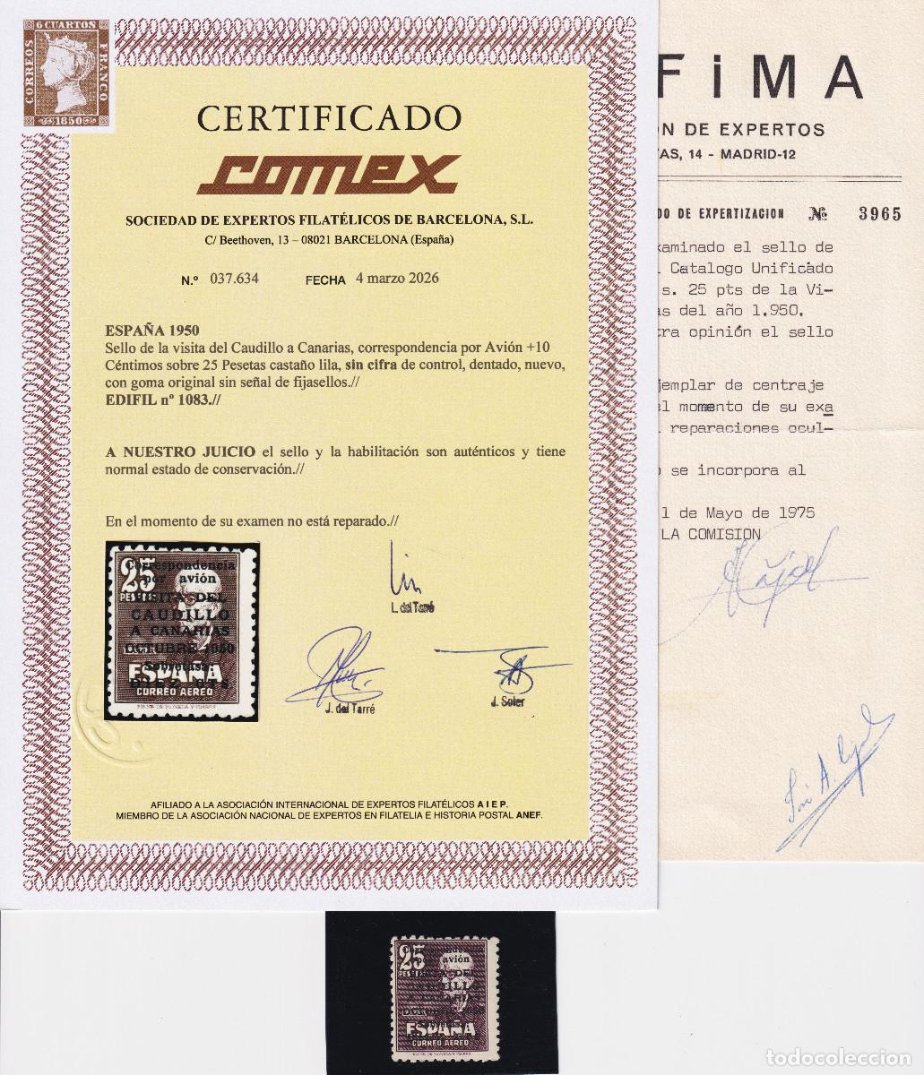 Francobolli: VISITA DEL CAUDILLO A CANARIAS ** 1083 A&Ntilde;O 1950 - CERTIFICADO COMEX y EXFIMA