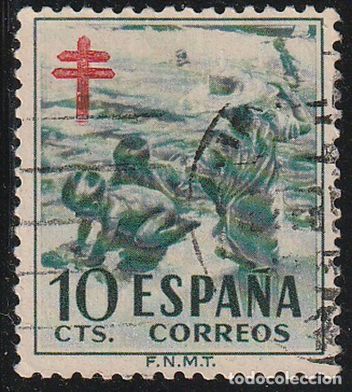 Sellos: Espa&ntilde;a 1951 Edifil 1104 Sello &ordm; Pro tuberculosos Ni&ntilde;os en la Playa Sorolla Cruz de Lorena en rojo ZC