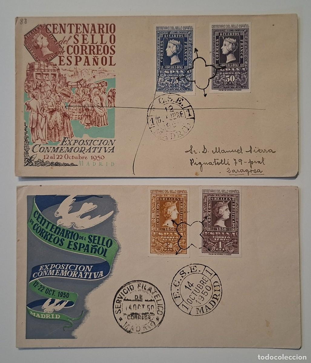 Sellos: EDIFIL 1075/76 Y 1079/80 SERIE CENTENARIO SELLO ESPA&Ntilde;OL, MATASELLOS 1950 EN DOS SOBRES .A3827