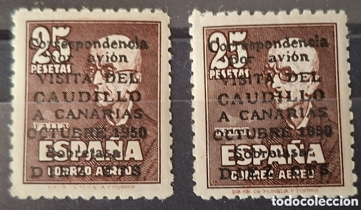 Sellos: Espa&ntilde;a 2 sellos Visita del caudillo a Canarias con y sin Numeraci&oacute;n 1950 MNH