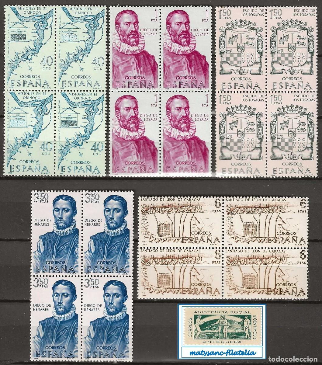 Francobolli: ESPA&Ntilde;A 1968. EDIFIL 1889/1893. SERIE COMPLETA EN BLOQUE DE 4 &rdquo;FORJADORES DE AM&Eacute;RICA&rdquo;. MNH***