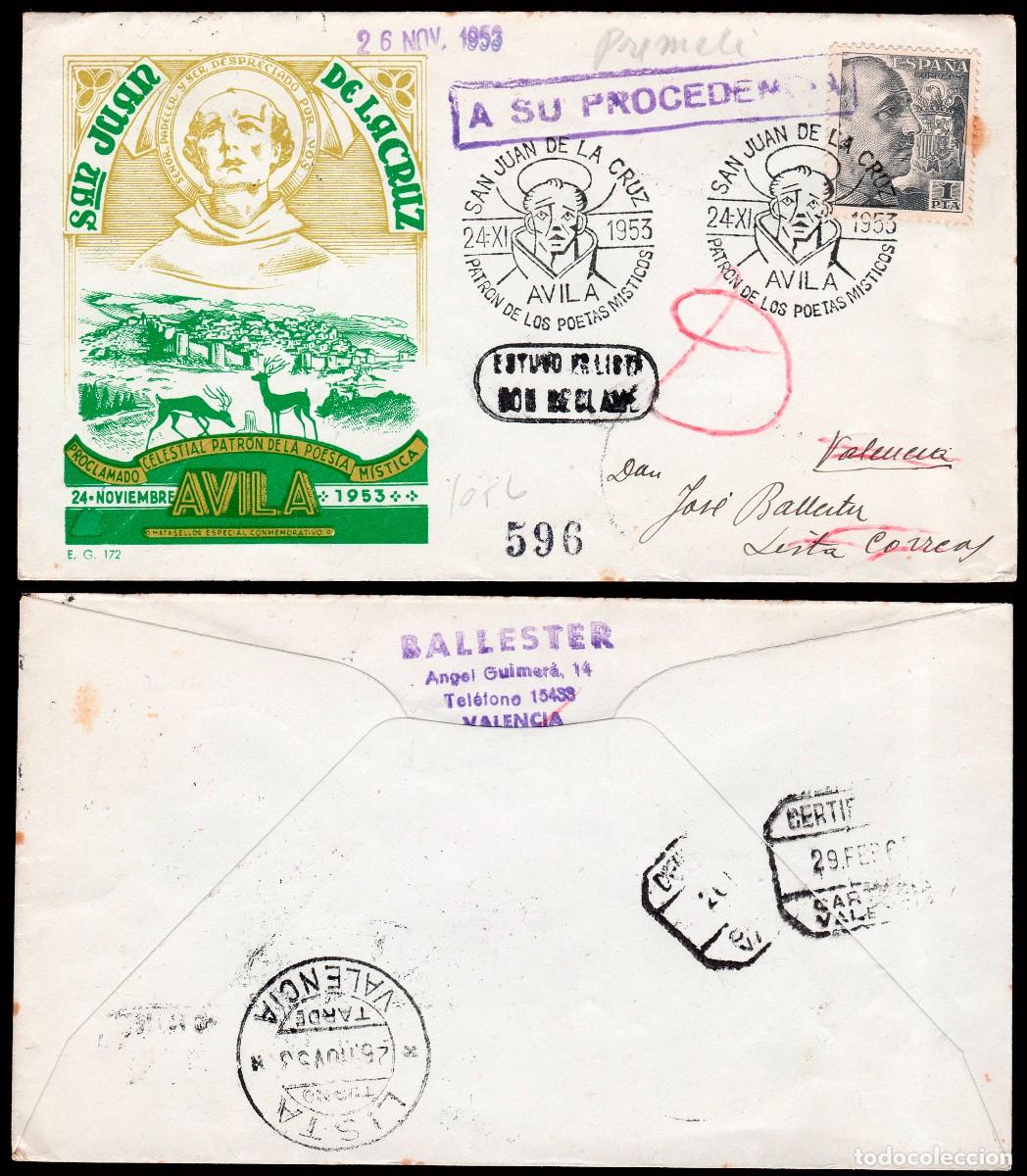Sellos: &Aacute;vila - Edi o 1056 - Sobre Mat Gomis 296 &rdquo;&Aacute;vila 24/XI/53 - S. Juan Cruz&rdquo; certificada y devuelta