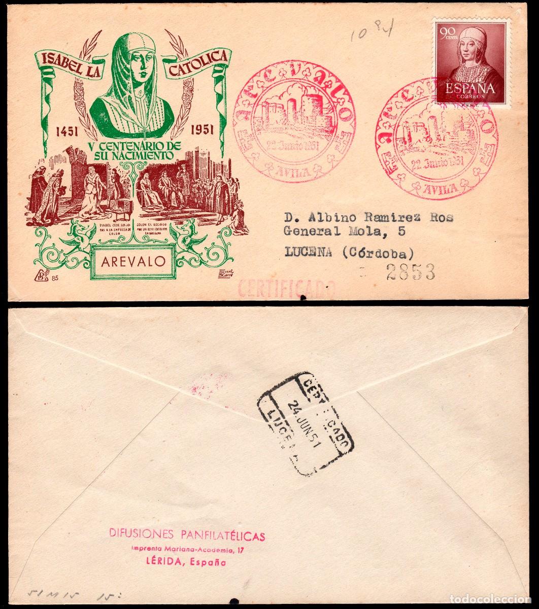 Sellos: &Aacute;vila - Edi o 1094 - Sobre Mat Gomis 223 &rdquo;Ar&eacute;valo 22/Jun./51 - V Cent. Isabel la Cat&oacute;lica&rdquo;