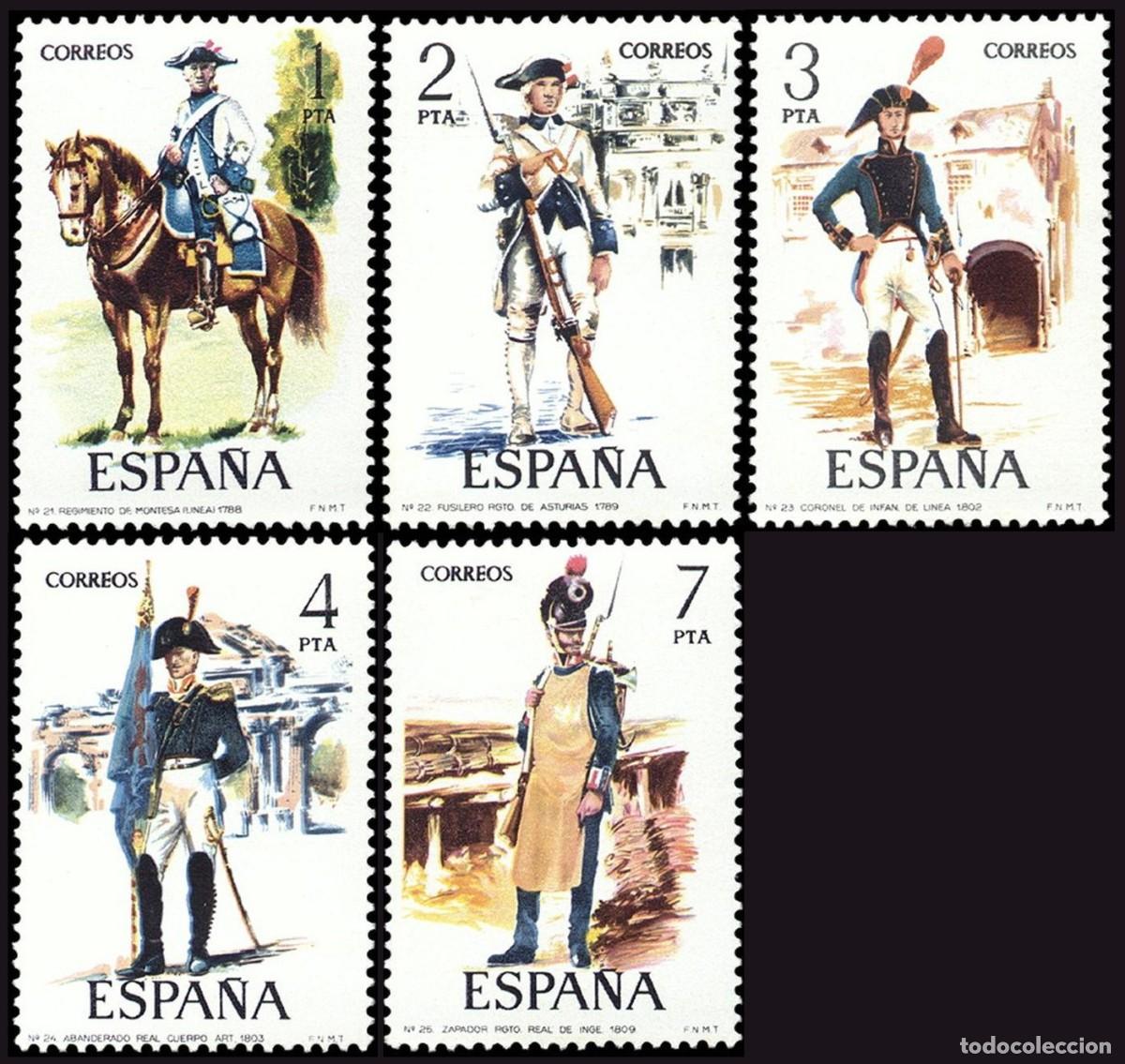 Sellos: 5v Espa&ntilde;a, 1975 | Unif. Militares (V) | Ed: 2236/40, Yv: 1890/4, Mi: 2130/4, SG: 2290/4 MNH **
