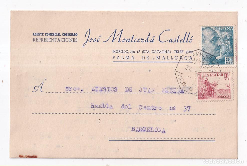 Sellos: TARJETA. PALMA DE MALLORCA. 1952. AMBULANTE MAR&Iacute;TIMO BALEARES. A BARCELONA