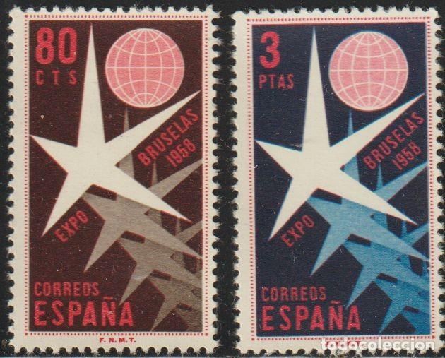 Sellos: Espa&ntilde;a 1958 Edifil 1220/1 Sellos ** Expo Bruselas Globo con estrellas Michel 1117/8 Yvert 911/2