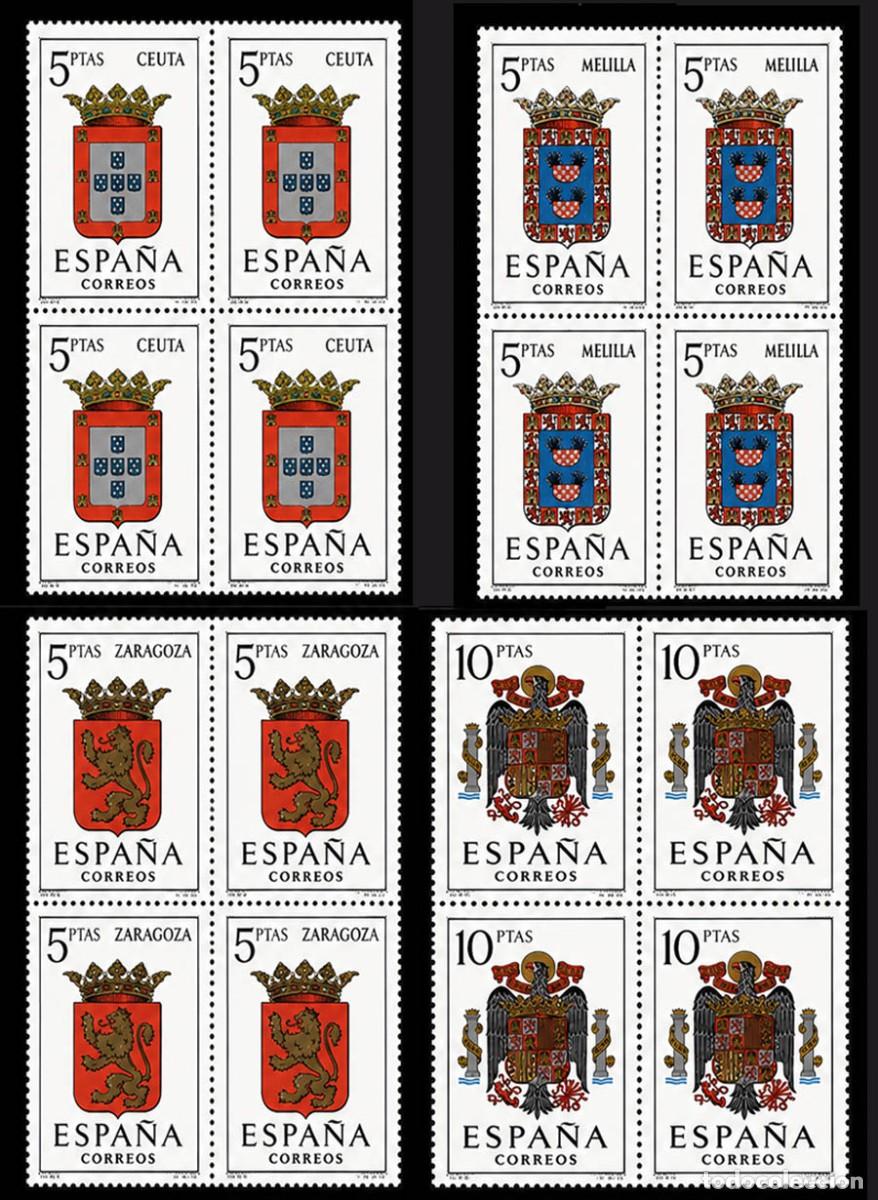 Sellos: 1966 Escudos de Zaragoza, Ceuta, Melilla y Espa&ntilde;a bloques de 4 nuevos sin charnela MNH **