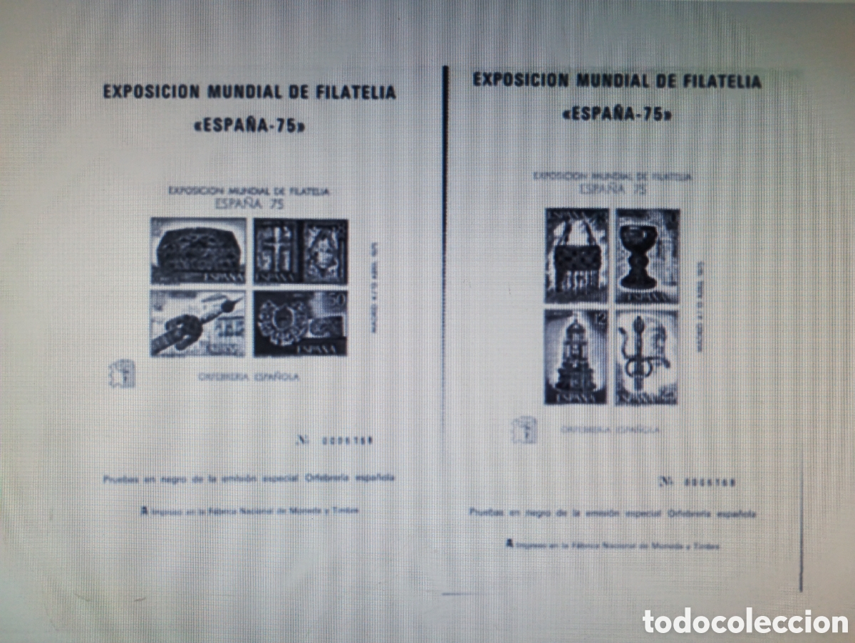 Sellos: PRUEBAS LUJO ESPA&Ntilde;A MNH 1975 1/2 HOJITAS EXPOSICI&Oacute;N MUNDIAL DE FILATELIA ESPA&Ntilde;A 75