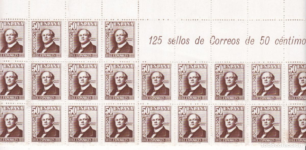 Sellos: AA19- FERROCARRILES Edifil 1037 Cabecera de PLIEGO con 25 Sellos ** Sin Fijasellos