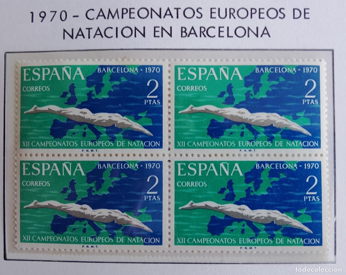 Selos: Sellos en bloque de 4. Edifil 1989. XII Campeonatos Europeos de Nataci&oacute;n en Barcelona. 1970.