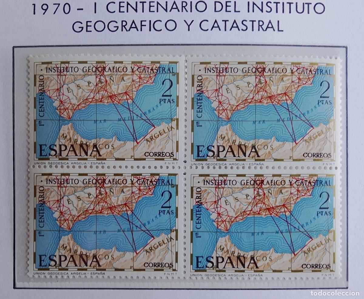 Stamps: Sellos en bloque de 4. Edifil 2001. I Centenario del Instituto Geogr&aacute;fico y Catastral. 1970.