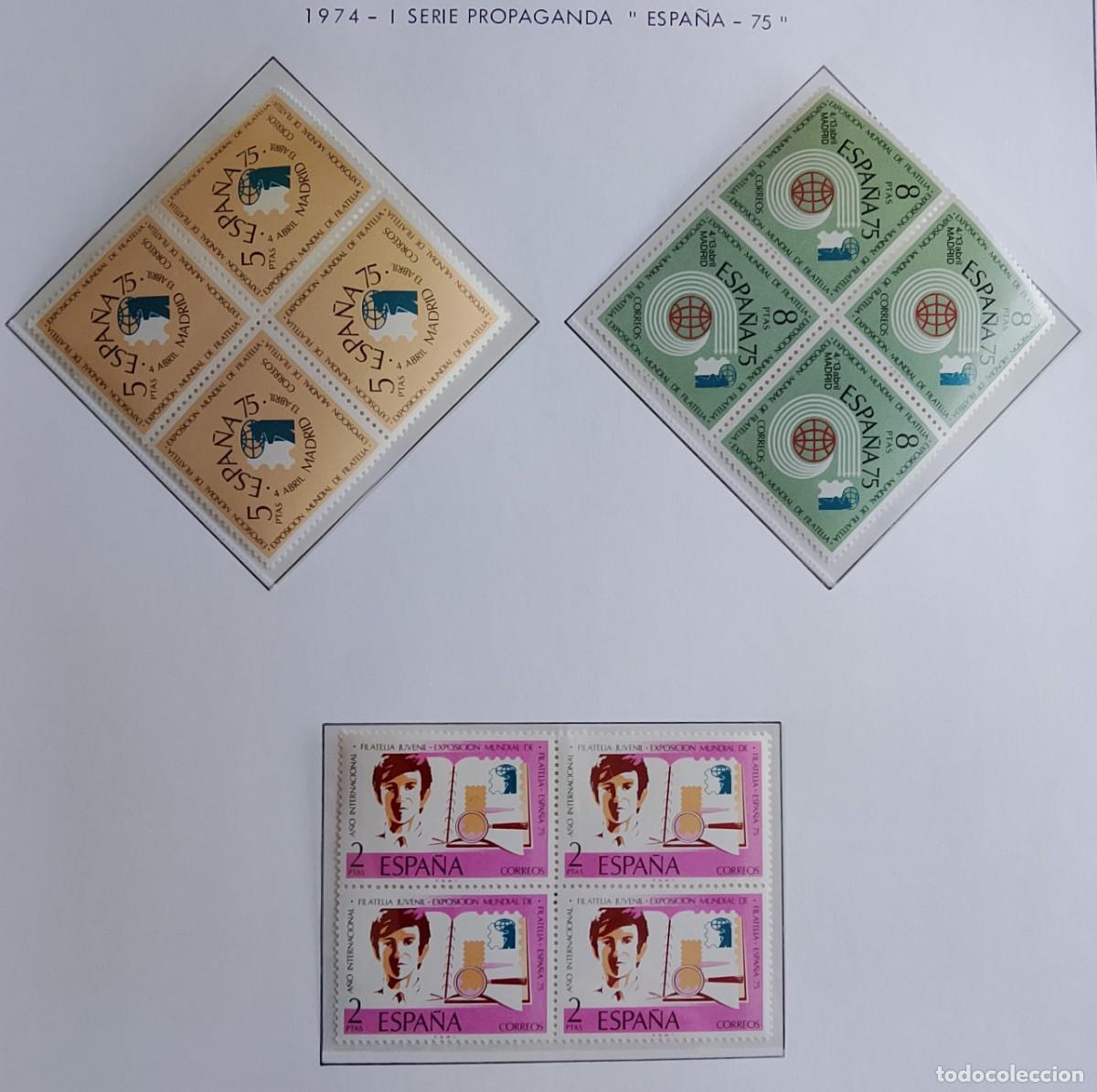 Briefmarken: Sellos en bloque de 4. Edifil 2174/76. Exposici&oacute;n Mundial de Filatelia &rdquo;Espa&ntilde;a-75&rdquo; en Madrid. 1974