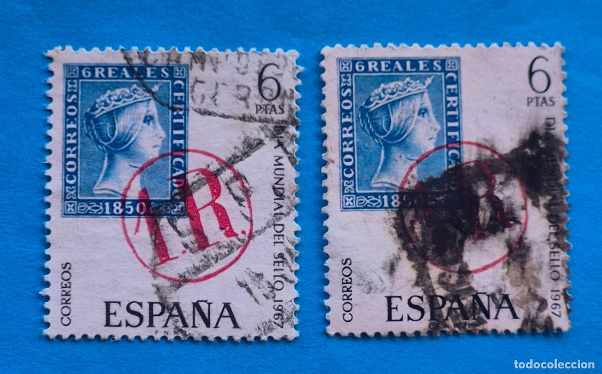 Sellos: DIA MUNDIAL DEL SELLO&ndash;Marca de porteo rojo- 6 pta. -ESPA&Ntilde;A 1967-EDIFIL 1800 usado-lote 2 sellos