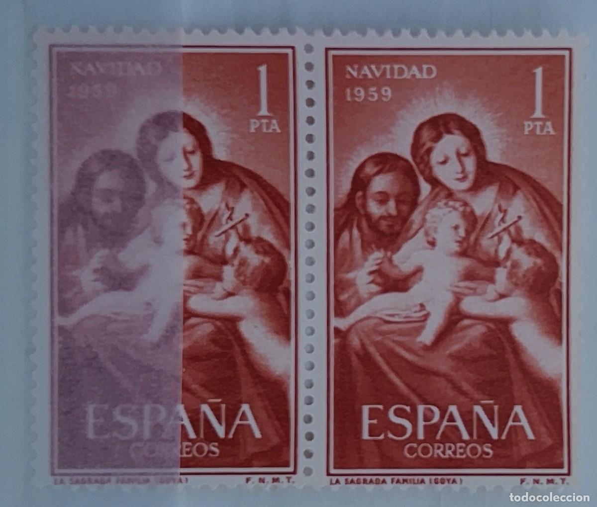 Timbres: Sellos en bloque de 2. Edifil 1253. Navidad &rdquo;La Sagrada Familia, de Goya&rdquo; (II Serie). A&ntilde;o 1959.