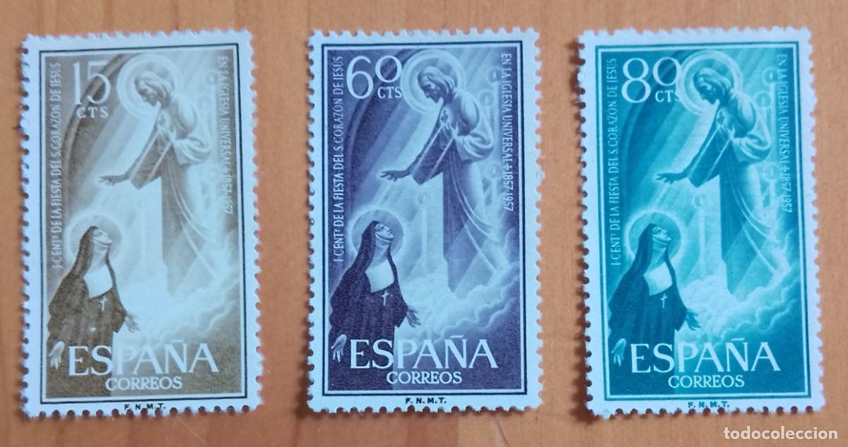 Sellos: SERIE - EDIFIL 1206, 1207 Y 1208 - A&Ntilde;O 1957 - CENTENARIO FIESTA SAGRADO CORAZ&Oacute;N. DIA DEL SELLO.