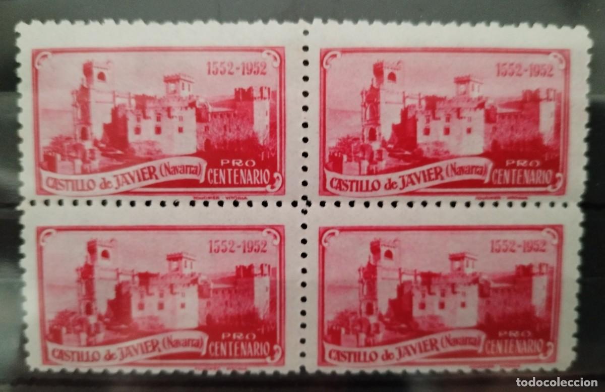 Sellos: Vi&ntilde;eta Castillo de Javier - Xabier - Navarra. Pro Centenario ROJO. Bloque de 4