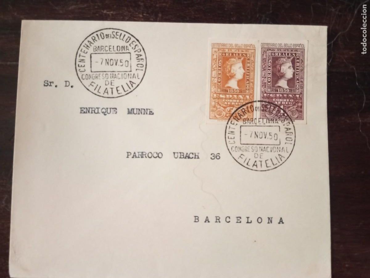 Sellos: ESPA&Ntilde;A, 1⁹50, CENTENARIO SEL SELLO. MATASELLOS DEL CONGRESO NACIONAL DE FILATELIA