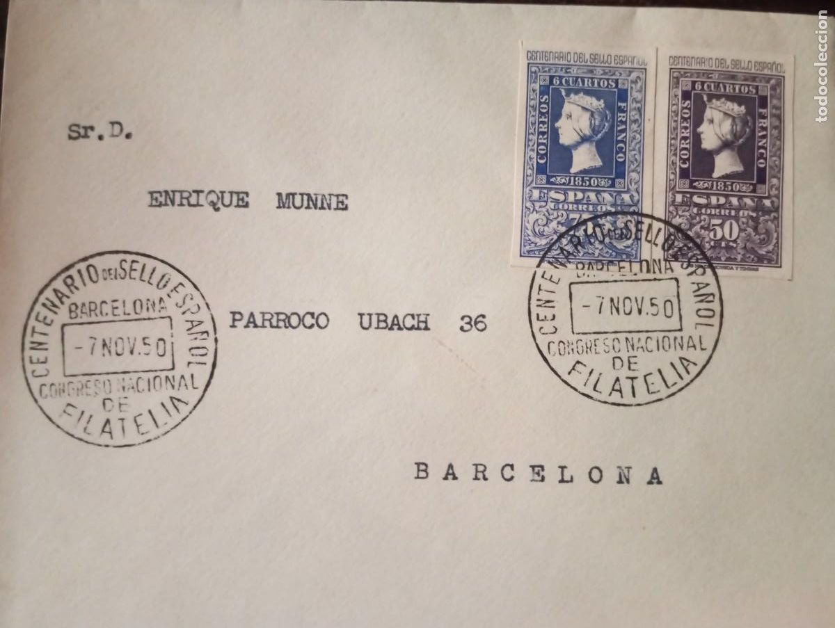 Sellos: ESPA&Ntilde;A, 1⁹50, CENTENARIO SEL SELLO. MATASELLOS DEL CONGRESO NACIONAL DE FILATELIA