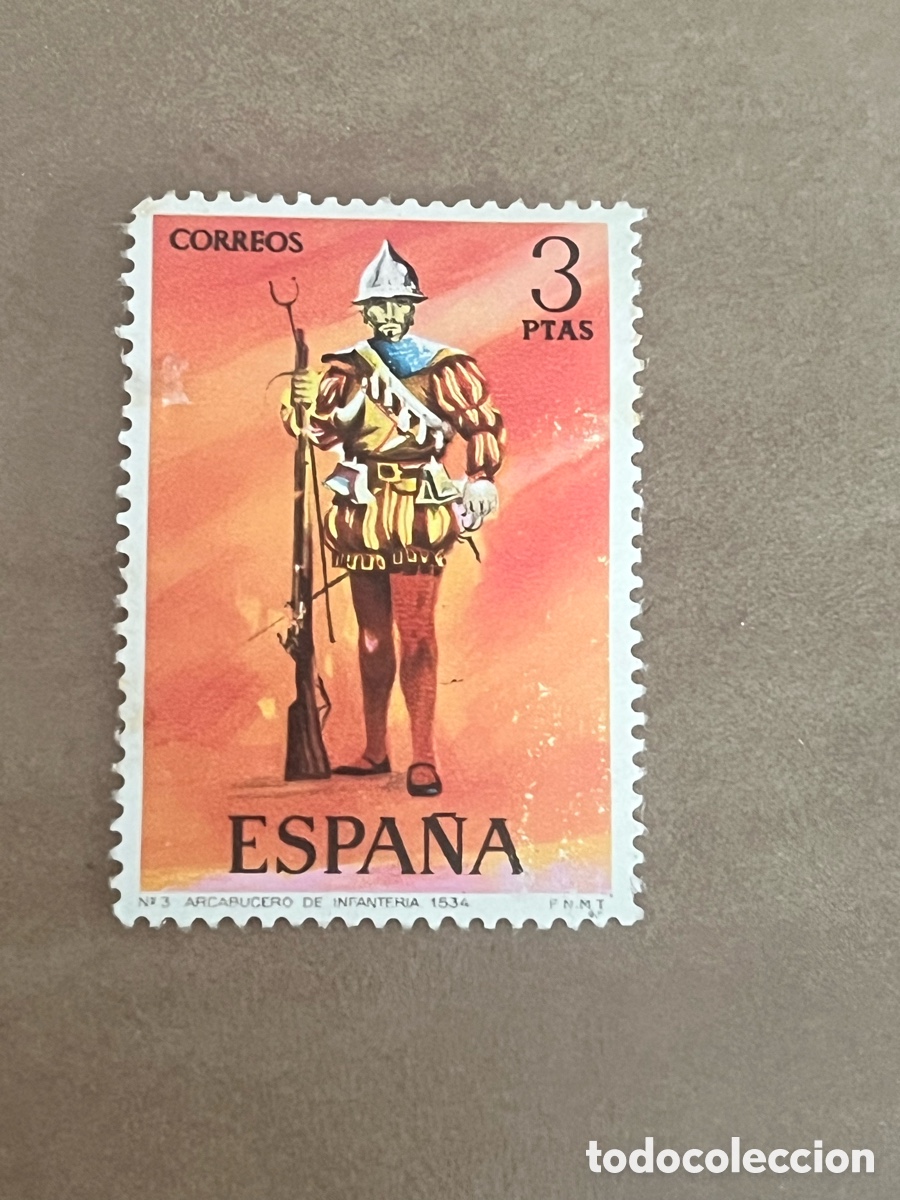 Sellos: Sello Espa&ntilde;a 1974 - Uniformes Militares: Arcabucero de Infanter&iacute;a 1534 (3 ptas)