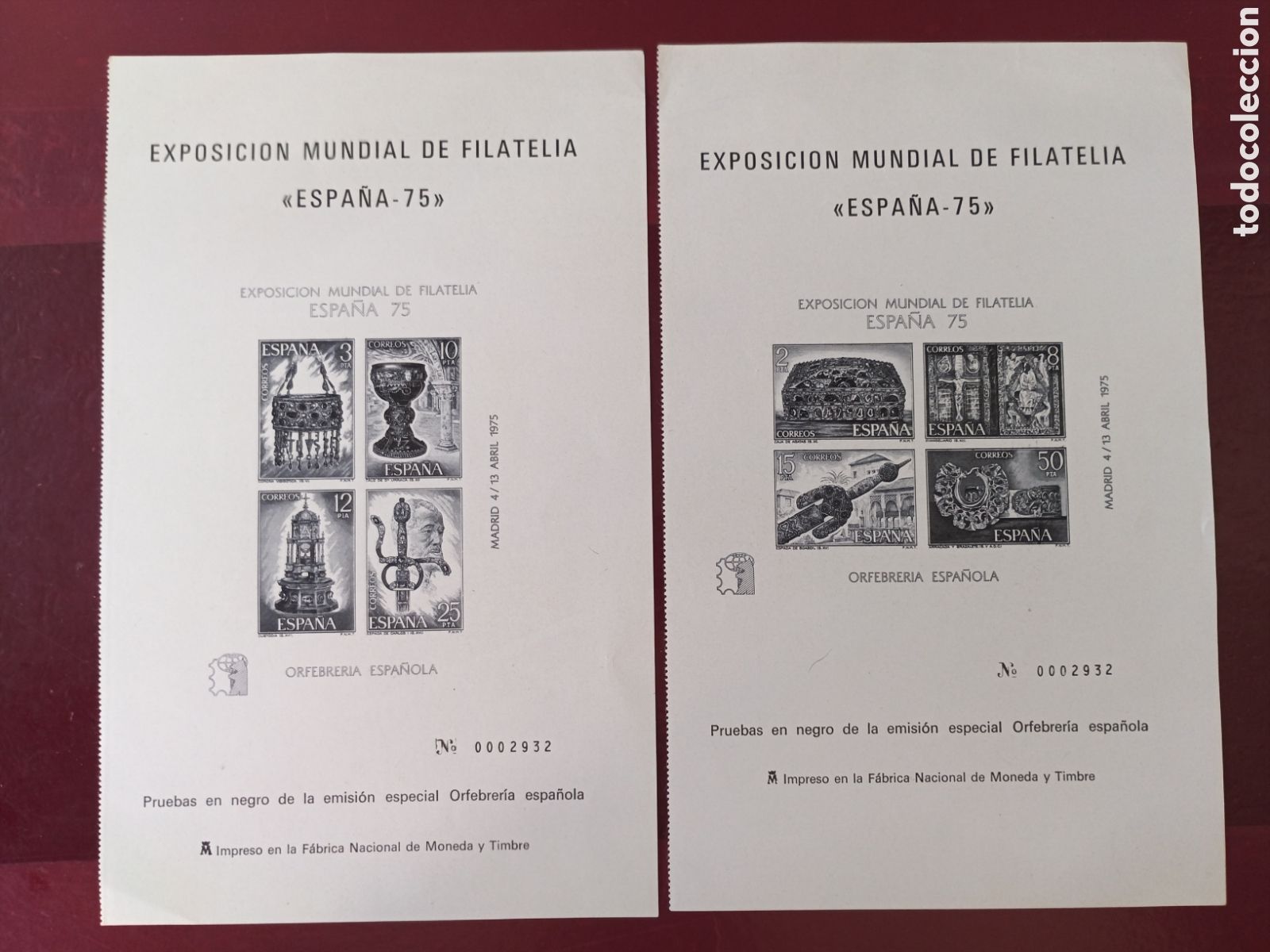 Stamps: SELLOS ESPA&Ntilde;A MNH 1975 PRUEBAS LUJO 1/2 HOJITAS EXPOSICI&Oacute;N MUNDIAL DE FILATELIA ESPA&Ntilde;A 75