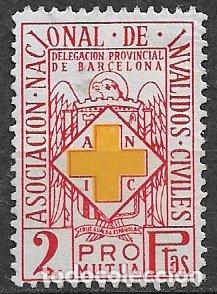 Sellos: VI&Ntilde;ETAS. Mutua Asociaci&oacute;n Nacional de Inv&aacute;lidos Civiles, Barcelona, 2 ptas rojo y amarillo (*)