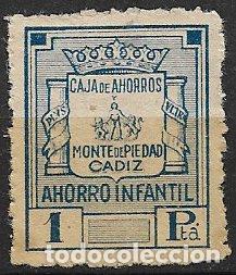 Sellos: VI&Ntilde;ETAS. Caja de Ahorros y Monte de Piedad de C&aacute;diz, AHORRO INFANTIL, 1 pta azul (*)