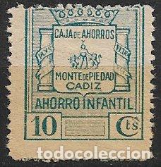 Sellos: VI&Ntilde;ETAS. Caja de Ahorros y Monte de Piedad de C&aacute;diz, AHORRO INFANTIL, 10 cts. azul (*)
