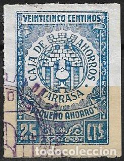 Sellos: VI&Ntilde;ETAS Caja de Ahorros de Tarrasa, Peque&ntilde;o Ahorro, 25 cts. azul (o)