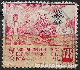 Sellos: VI&Ntilde;ETAS Asociaci&oacute;n ben&eacute;fica funcionarios marina civil, 0,25 ptas. en negro logo de Falange (o)