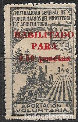 Sellos: VI&Ntilde;ETAS Mutualidad Funcionarios Ministerio de Agricultura, 25 cts. habilitado 50 cts. en rojo * *