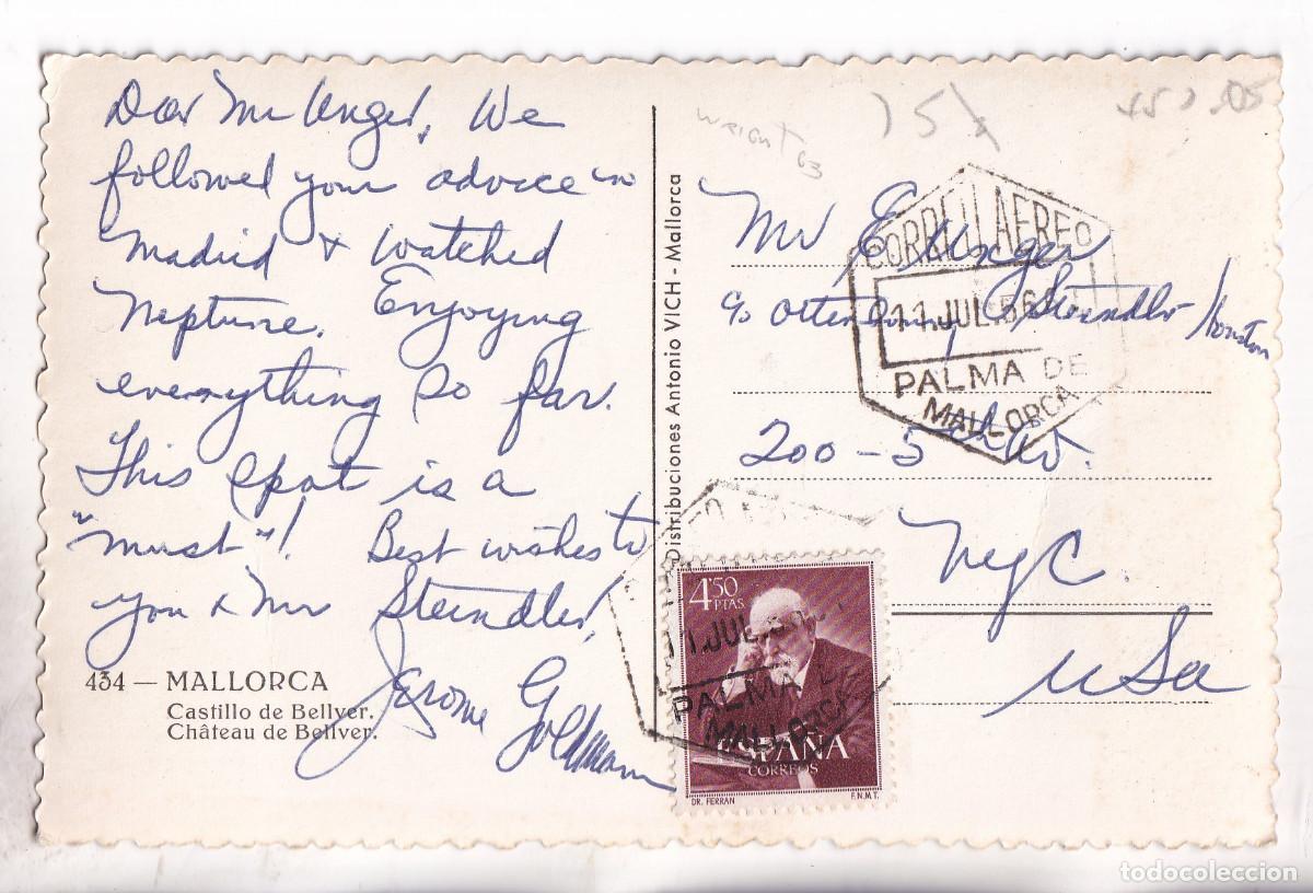 Sellos: POSTAL. CORREO A&Eacute;REO. PALMA DE MALLORCA. BALEARES. 1956. A ESTADOS UNIDOS
