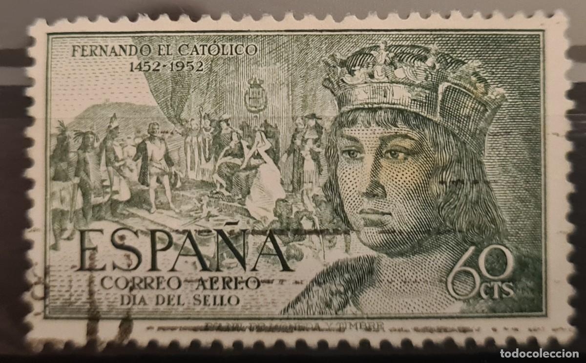 Sellos: Sello a&eacute;reo usado de Espa&ntilde;a 1952: D&iacute;a del sello y V Centenario del nacimiento de Fernando el Cat&oacute;lic
