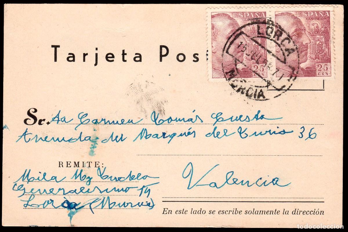 Sellos: Murcia - Edi o TP 1048 Pareja - Postal Mat &rdquo;Lorca 15/Jul./55&rdquo; a Valencia