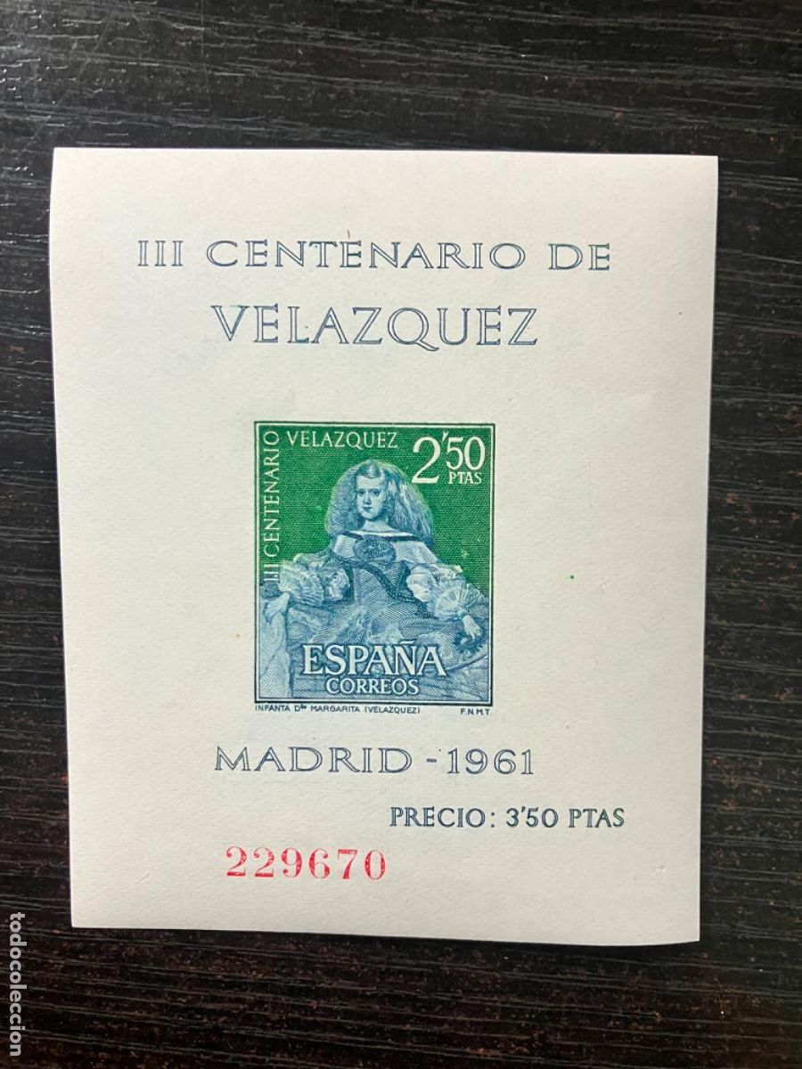 Sellos: HB Hojita III Centenario de Vel&aacute;zquez 1961 - Nueva - Buen estado Edifil 1346 suelta