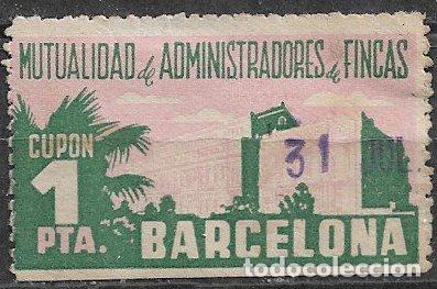 Timbres: VI&Ntilde;ETAS Mutualidad de Administradores de Fincas de Barcelona, 1 pta. verde y lila (o)