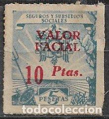 Sellos: VI&Ntilde;ETAS Seguros y Subsidios Sociales, 5 ptas. verde + 10 ptas. en rojo (*)