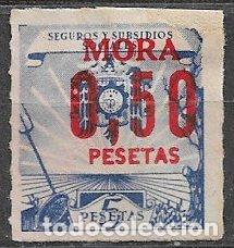 Sellos: VI&Ntilde;ETAS Seguros y Subsidios Sociales, 5 ptas. azul + MORA 0,50 ptas. en rojo (*)