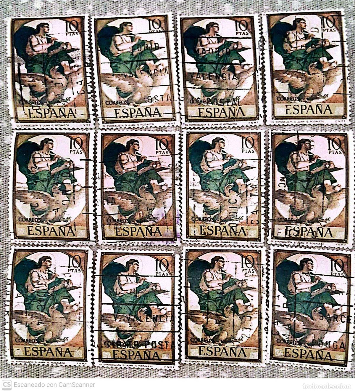 Sellos: Espa&ntilde;a. 2209 Evangelista San Juan de Eduardo Rosales. 1974. 12 Sellos usados. Ref. h15. Numeraci&oacute;n E