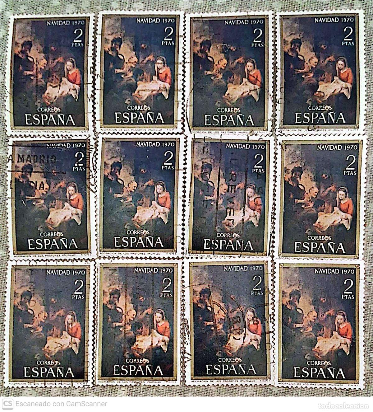 Sellos: Espa&ntilde;a. 2003 Navidad: Adoraci&oacute;n de los pastores de Murillo. 1970. 12 Sellos usados. Ref. h18. Numera