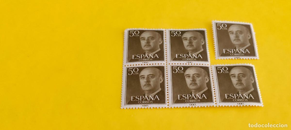 Sellos: Espa&ntilde;a 1955. Edifil 1149. General Franco. Nuevos. Bloque de 5. 1 suelto