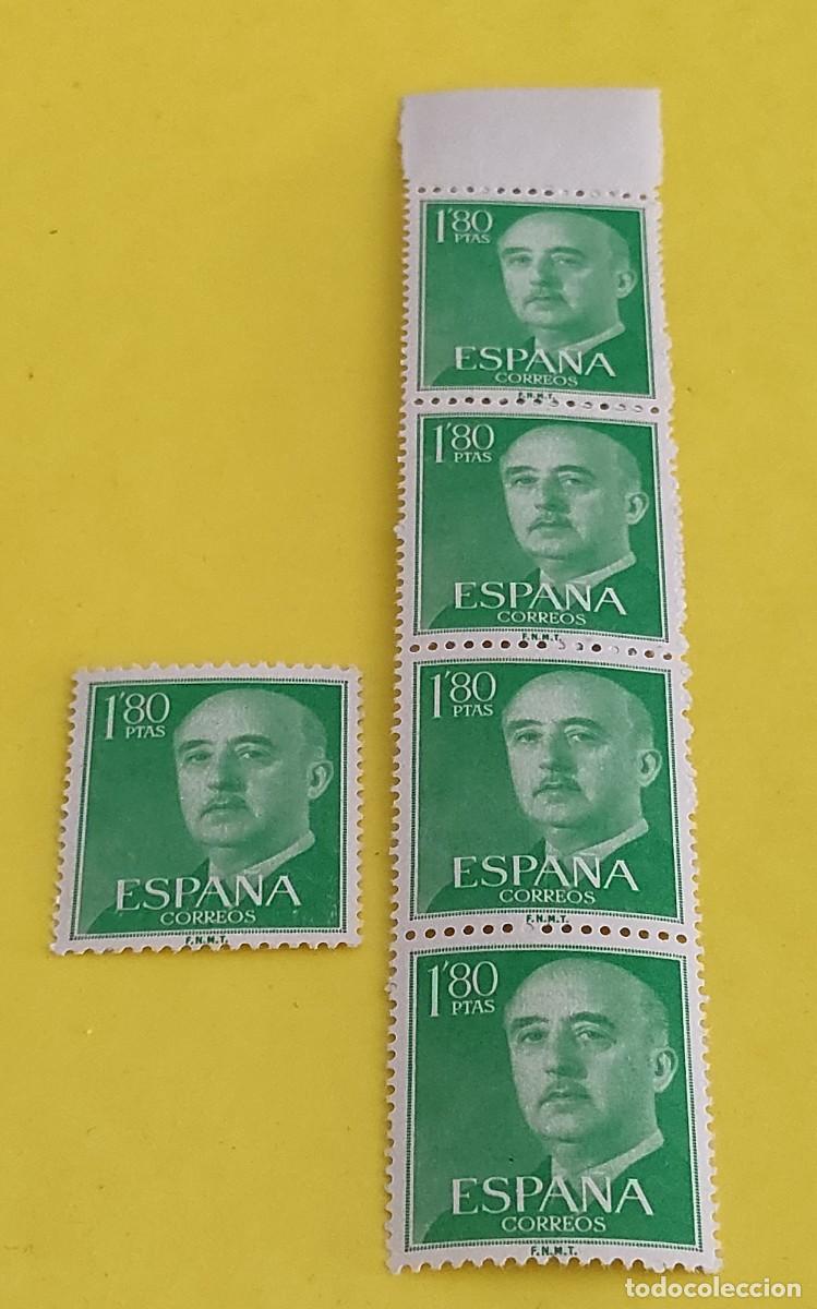 Sellos: Espa&ntilde;a 1956. Edifil 1156. General Franco. Nuevos. Bloque de 4. 1 suelto