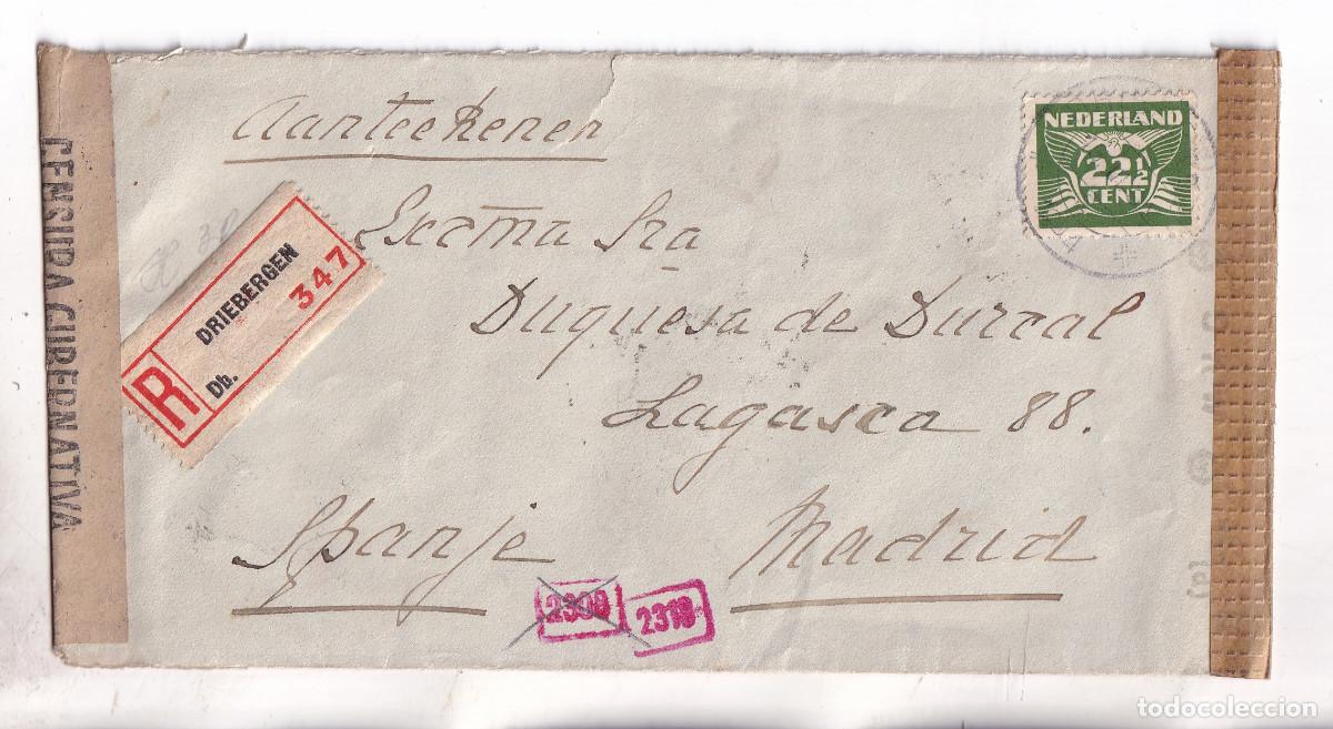 Sellos: SOBRE. M&ordf; CRISTINA DE BORB&Oacute;N. HOLANDA. CORREO A&Eacute;REO. 1944. CENSURA MILITAR. A UNA DUQUESA EN MADRID